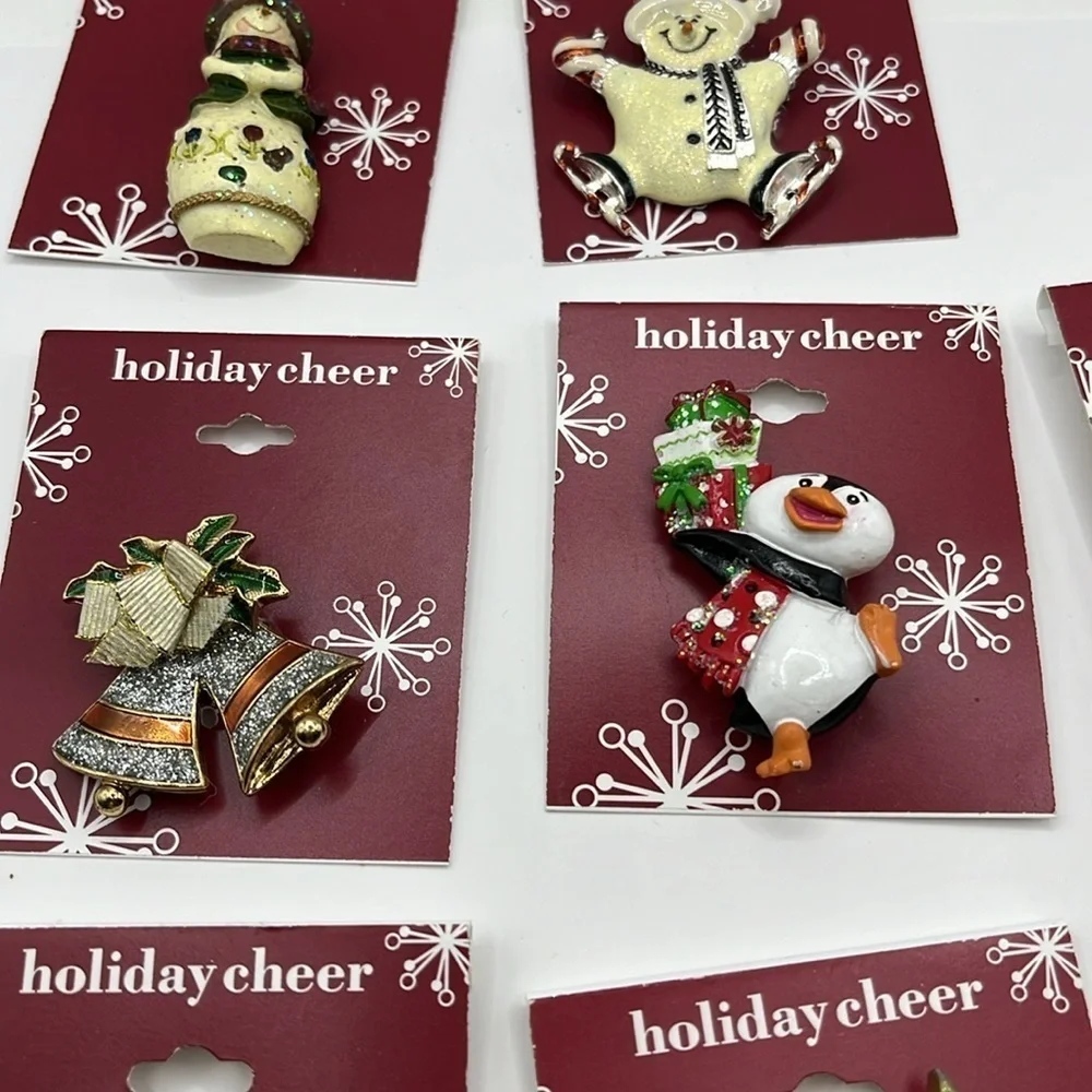 Christmas Brooches 5 and Set  and 1 Set Earrings Snowman Bell Penguin Angel Pins